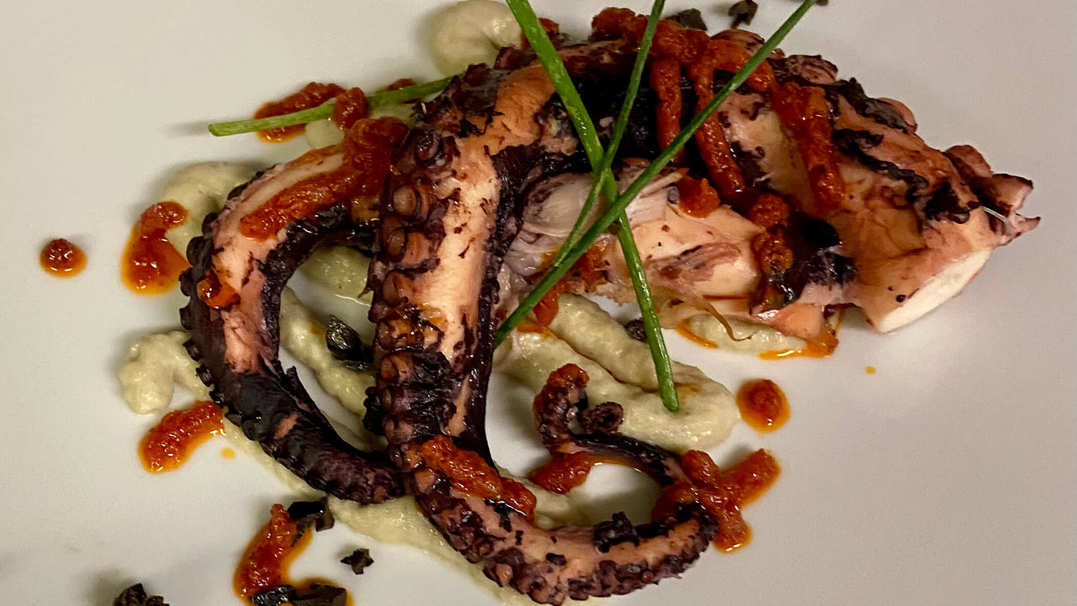 Grilled octopus tentacles on a white plate with sauce, puree, capers, and garnished with chives. - Il Leone Restaurant