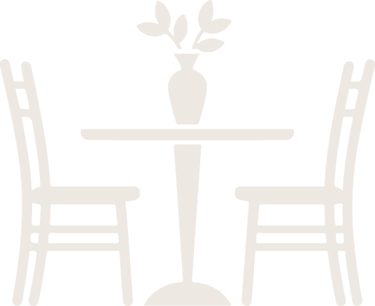 Simple illustration of two chairs and a round table with a vase holding leaves on top. - Il Leone Restaurant
